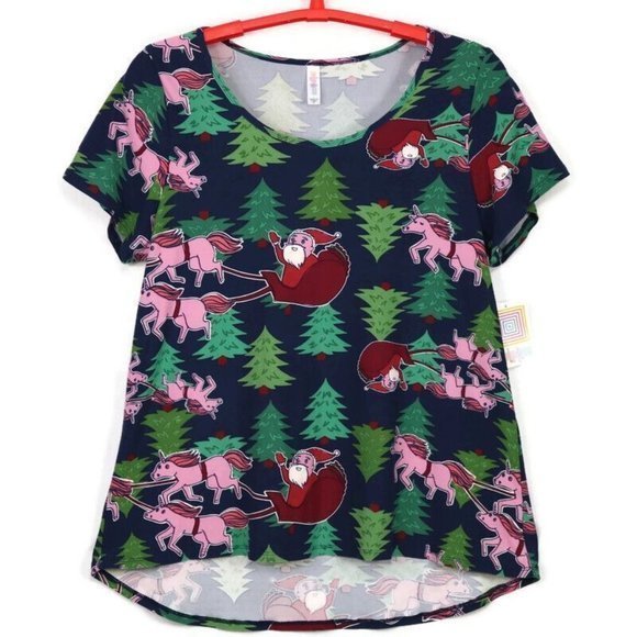 LuLaRoe Classic T Shirt Top Christmas Pink Unicorns Santa Sleigh Blue‎ XL - Picture 1 of 11